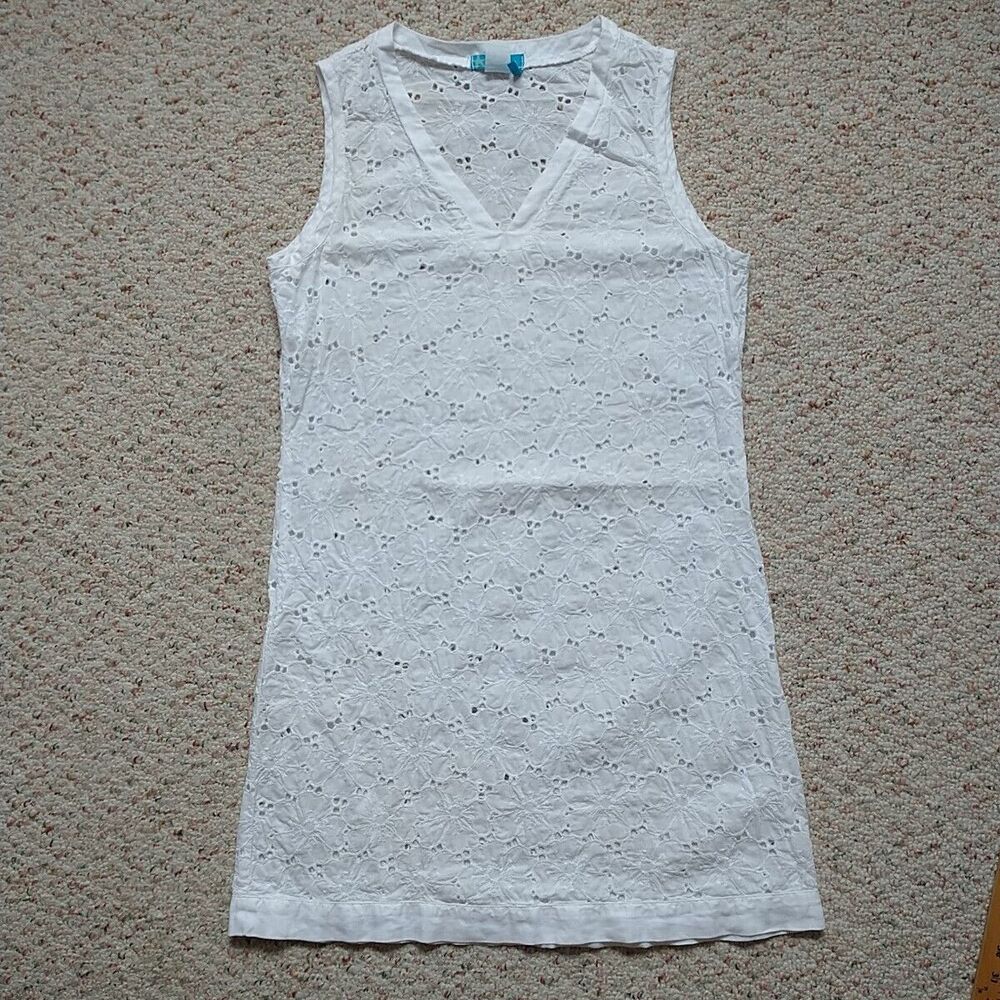 FRESH PRODUCE Shift Dress Cover Up S White Eyelets Sheer Mini Beach*FLAW